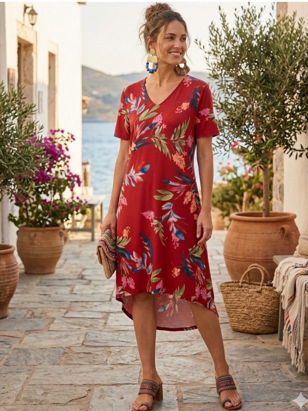 Christian Siriano Red Floral High-Low V-Neck New York Dress